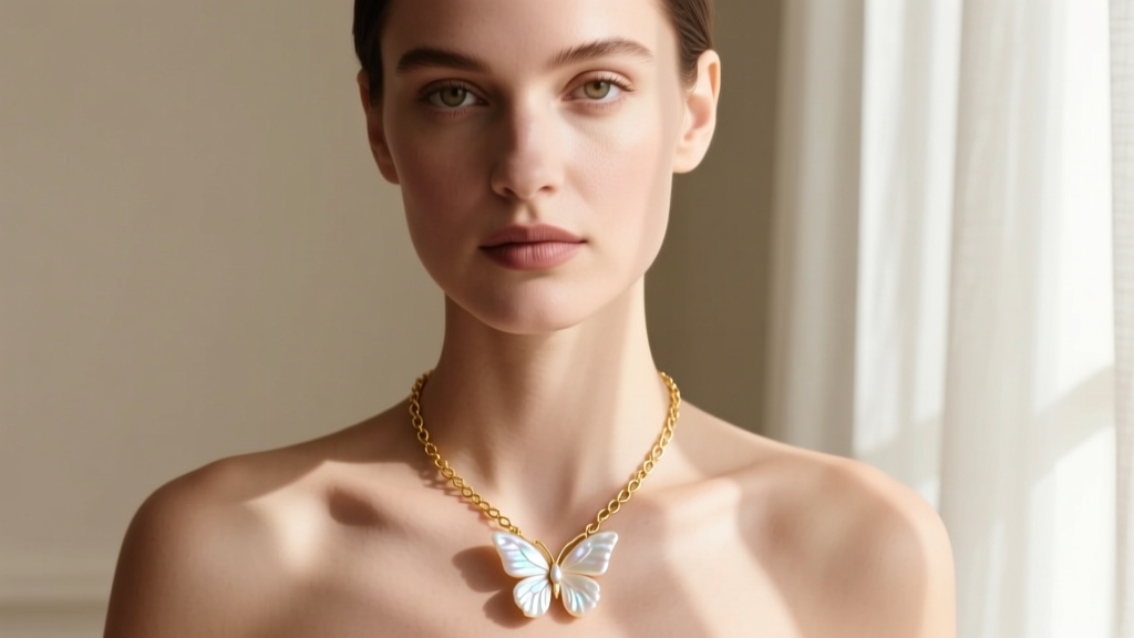 Woman wearing a mother of pearl butterfly necklace on a delicate gold rolo chain, photographed in soft, natural window light.