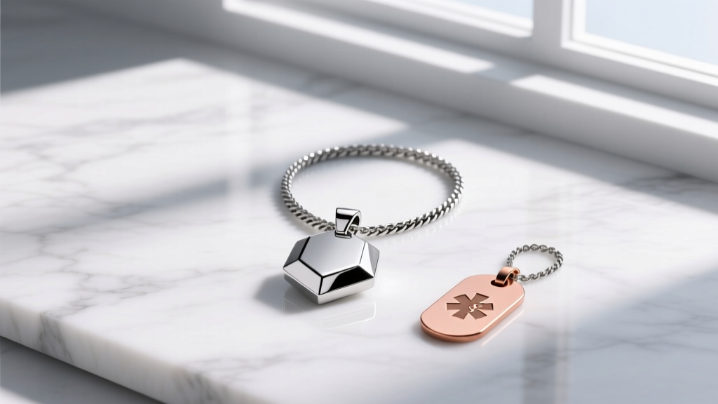 Flat lay of MRI-safe jewelry showing a platinum pendant, a titanium chain, and a copper medical ID tag on a white marble surface.