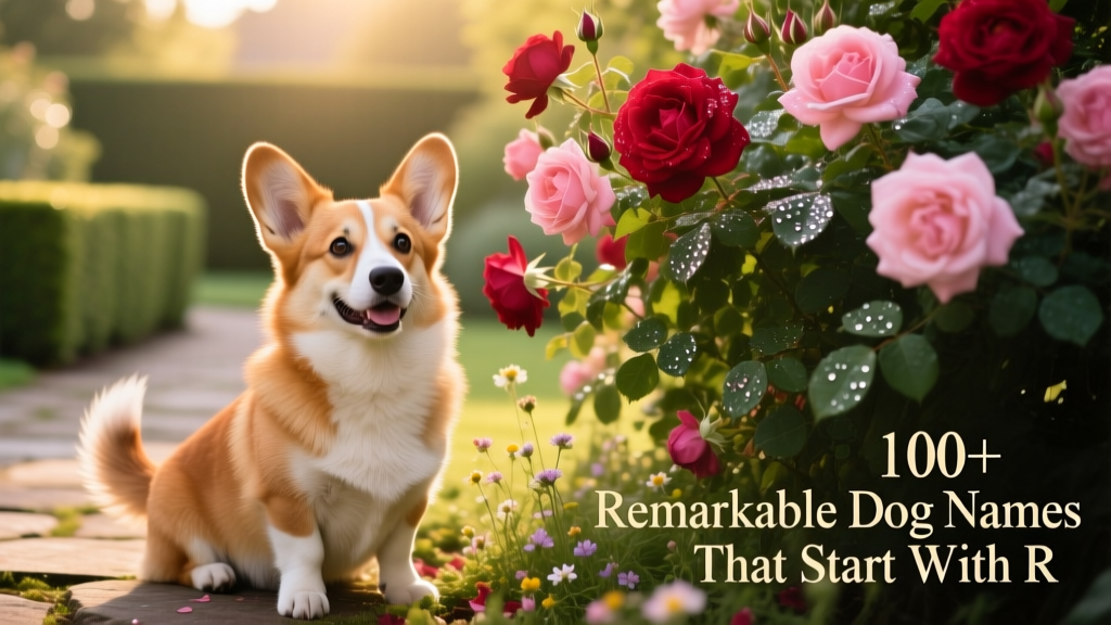 Corgi sitting cheerfully beside a blooming rose bush in a sunlit garden