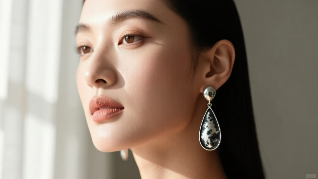 Profile of a woman wearing oxidized sterling silver teardrop earrings elongating her jawline, illuminated by soft window light