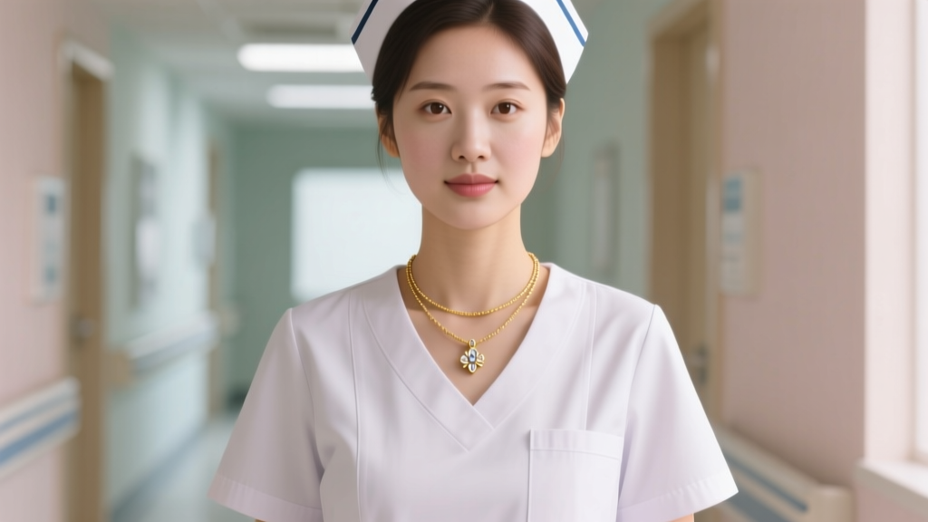 Nurse in scrubs wearing a delicate 14k gold layered necklace with a bezel pendant resting on her collarbone under soft lighting.