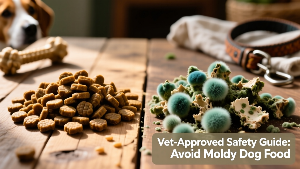 Side-by-side comparison: fresh kibble versus mold-contaminated kibble showing visible fungal growth and discoloration