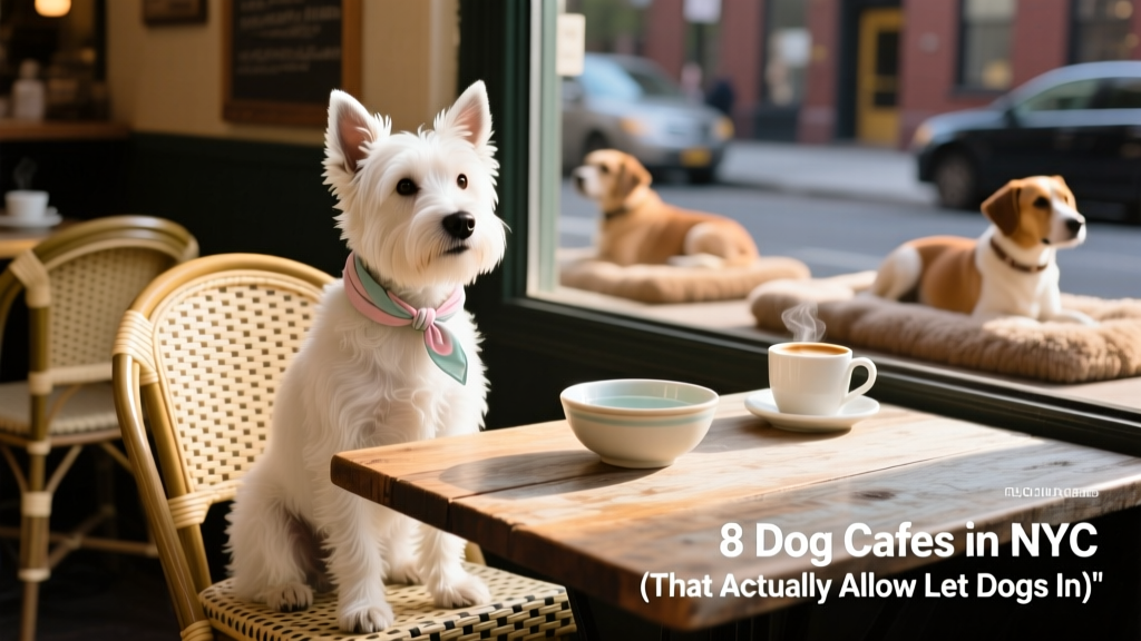 White terrier sitting attentively beside a wooden café table, wearing a bandana, with a small bowl of water nearby