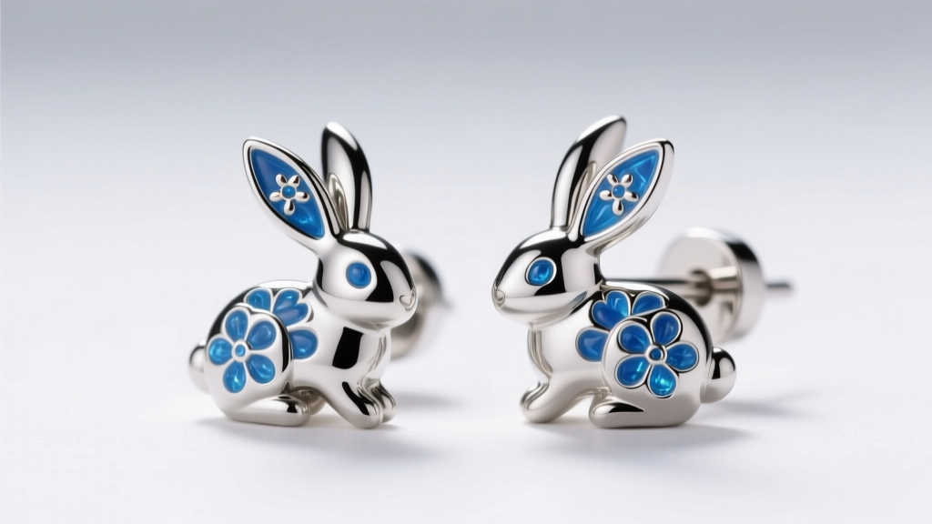 Macro shot of 20-gauge titanium White Rabbit stud earrings with blue epoxy resin details, illuminated by bright studio lighting.