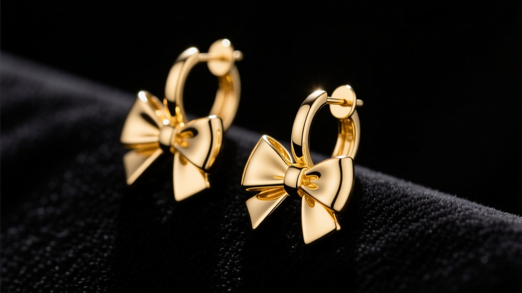 Close-up of 14k yellow gold dangle bow earrings resting on dark velvet, soft studio lighting highlighting polished metal loops