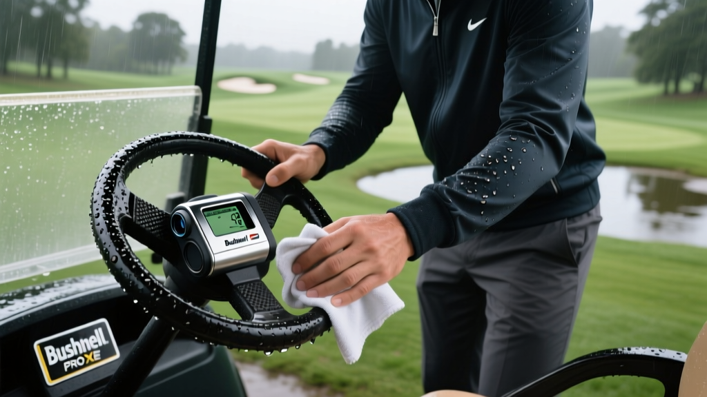 Golfer wiping rain off the magnetic bumper of a Bushnell Pro XE rangefinder while standing next to a wet golf cart steering wheel
