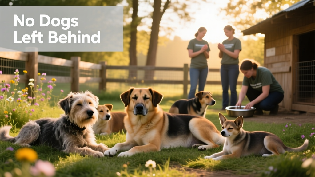 Group of rescued dogs resting peacefully in a sunlit sanctuary enclosure with volunteers nearby