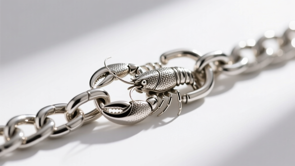 Close-up macro shot of a heavy sterling silver vermeil lobster clasp on a thick 5mm Cuban link chain, sharp focus studio detail.
