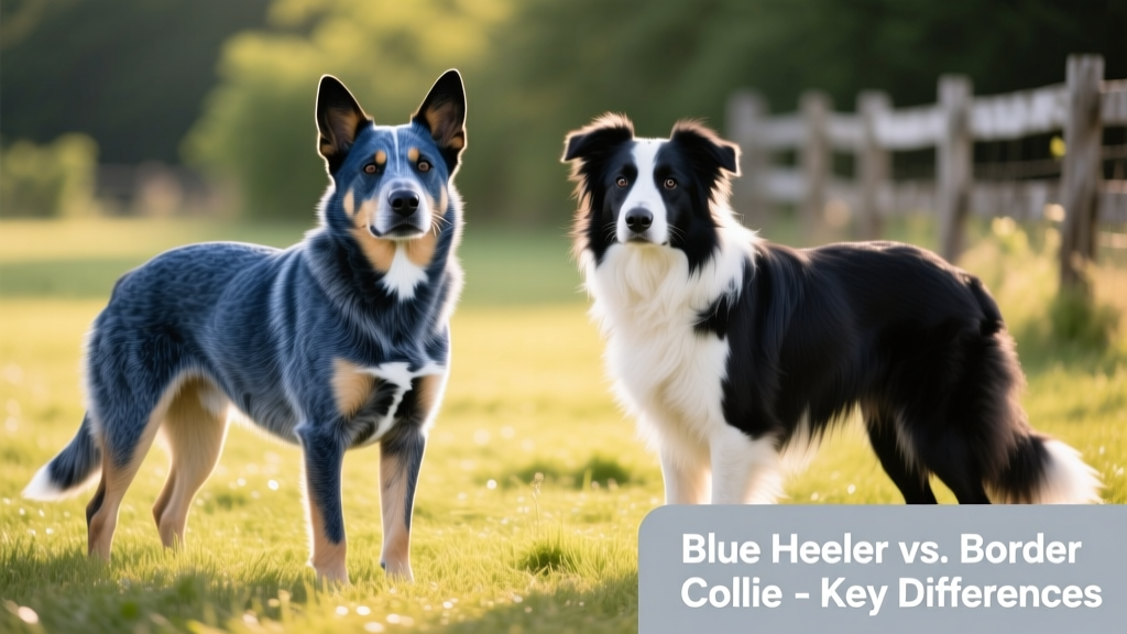 Side-by-side comparison of a Blue Heeler and a Border Collie, highlighting key physical differences