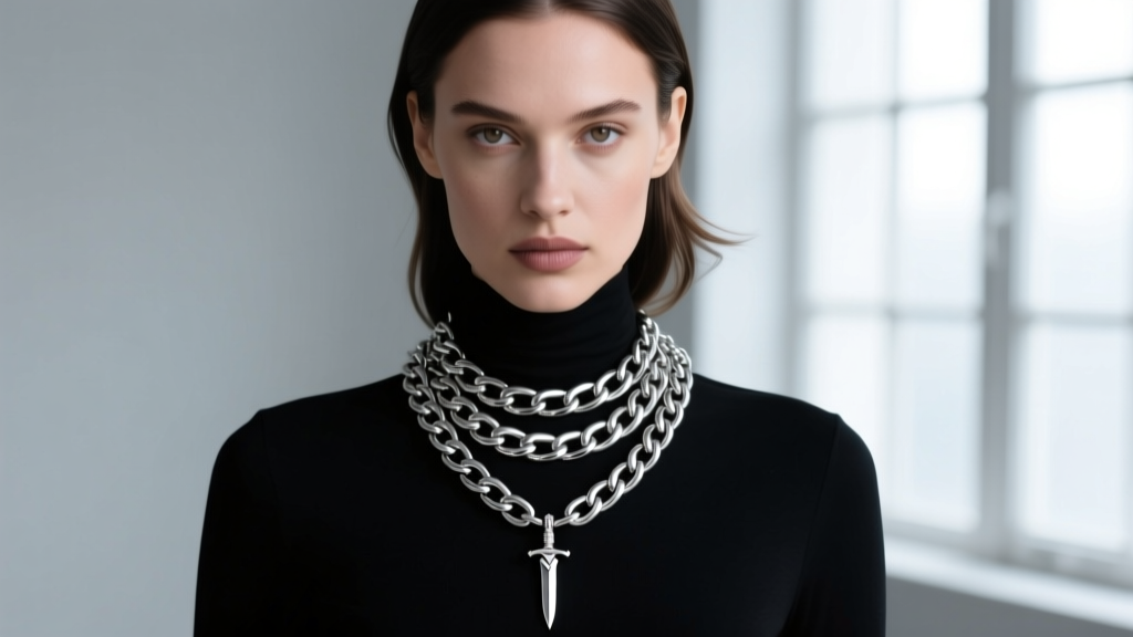 Silver baddie necklace stack with a chunky Cuban link and small dagger pendant on a model's neck, moody studio lighting.
