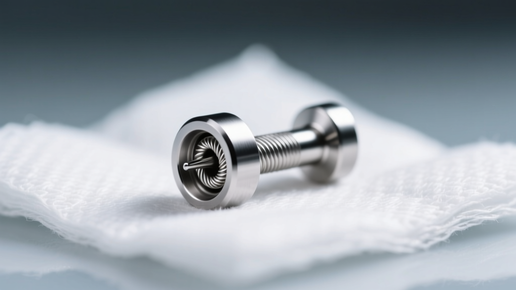 Close-up of a titanium flat back labret post showing internal threading, resting on sterile gauze under bright clinical light