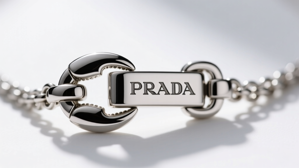 Macro close-up of a Prada necklace lobster clasp showing the crisp PRADA hallmark stamp and smooth metal finishing details