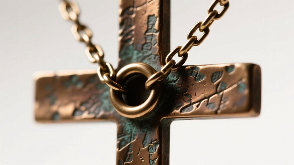 Side profile of a 2.5mm solid Figaro chain threading through a reinforced 6mm soldered bail on a thick bronze religious cross