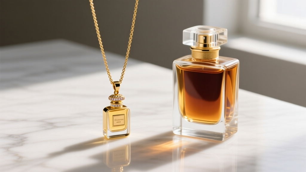 Gold-plated perfume pendant necklace beside a glass fragrance bottle, soft warm lighting highlighting the delicate cable chain.