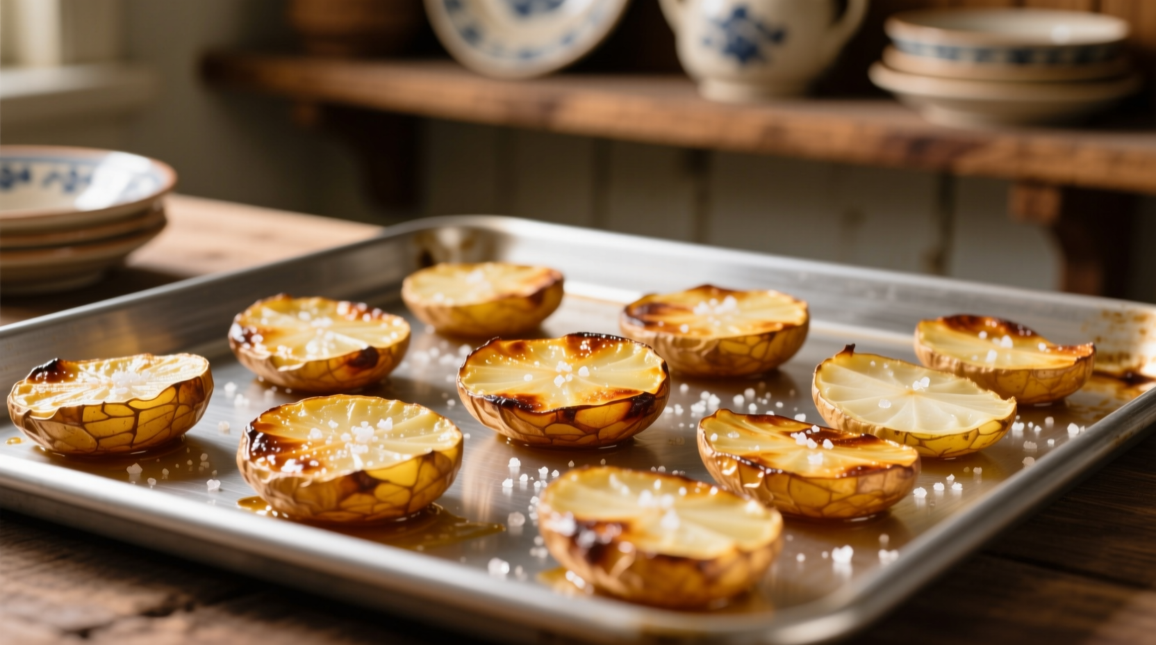Golden roasted potato slices on baking sheet