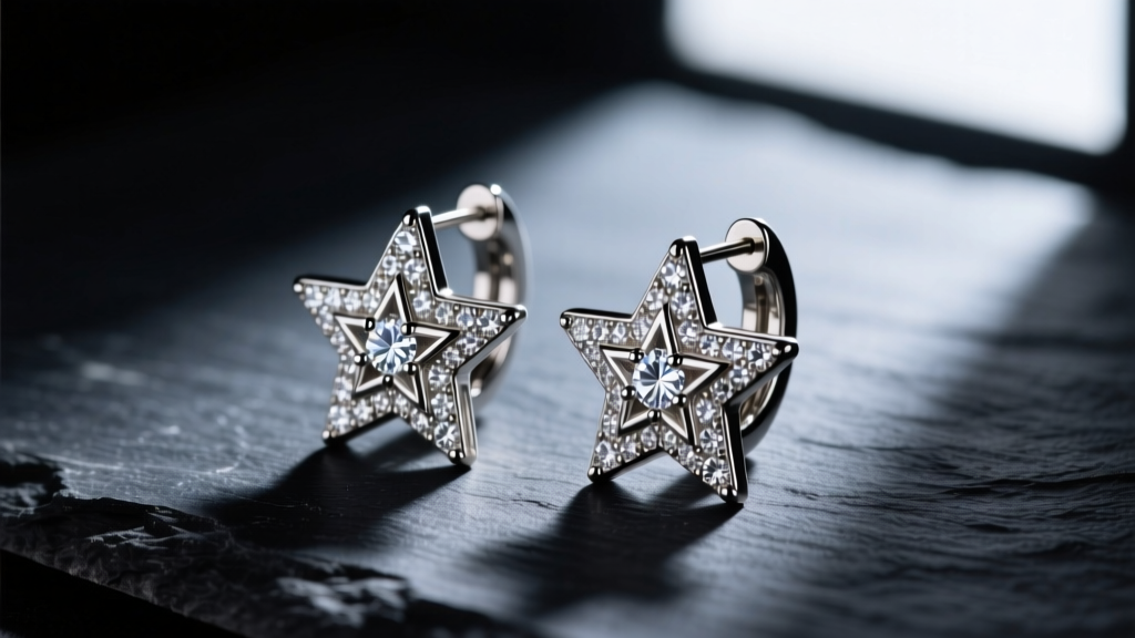 Macro shot of 16-gauge titanium star huggie earrings with pavé diamond accents on dark slate under dramatic lighting.