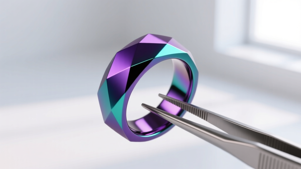 A vibrant anodized niobium segment ring in deep purple and teal gradients, held by tweezers against a blurred clinical background.