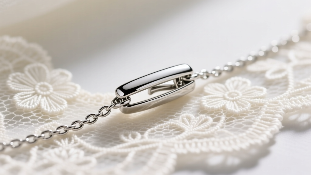 Macro shot of a magnetic jewelry clasp on a 1.2mm platinum cable chain against a delicate ivory bridal lace fabric background