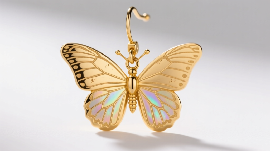 Close-up of a hinged 14k gold monarch butterfly dangle earring, highlighting the micro-joint connecting the upper and lower wings.