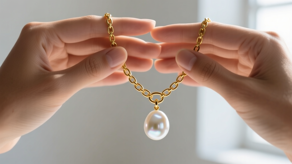Close-up of hands tying a 14k gold chain lariat into an asymmetrical loop, highlighting an irregular white baroque pearl drop