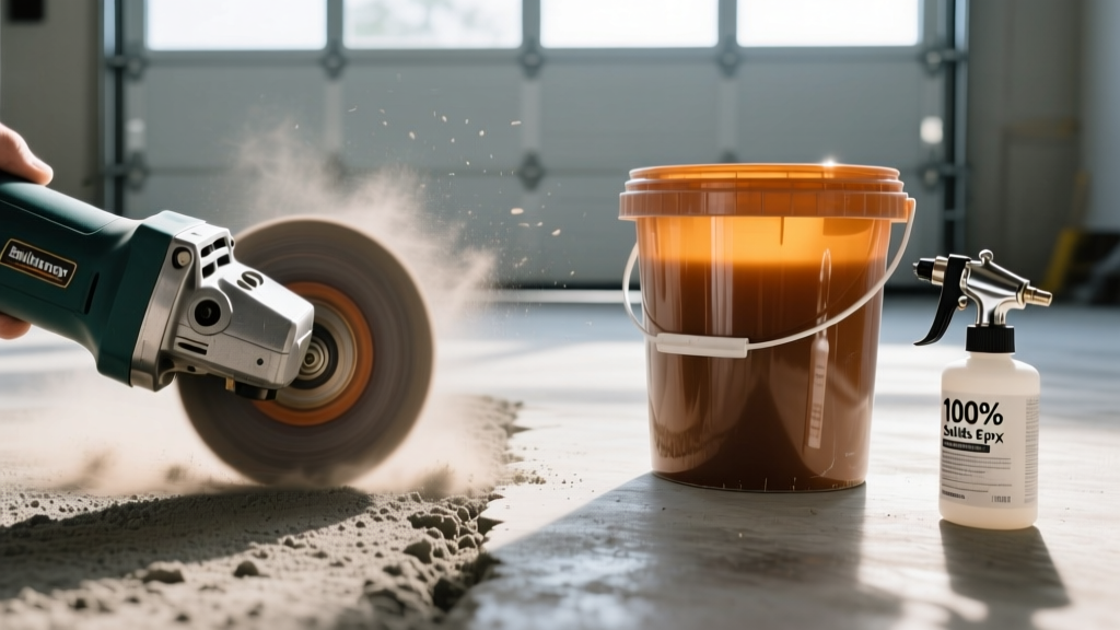 Close-up of a diamond grinder profiling a garage floor next to a bucket of 100% solids epoxy and a sprayer with siloxane sealer