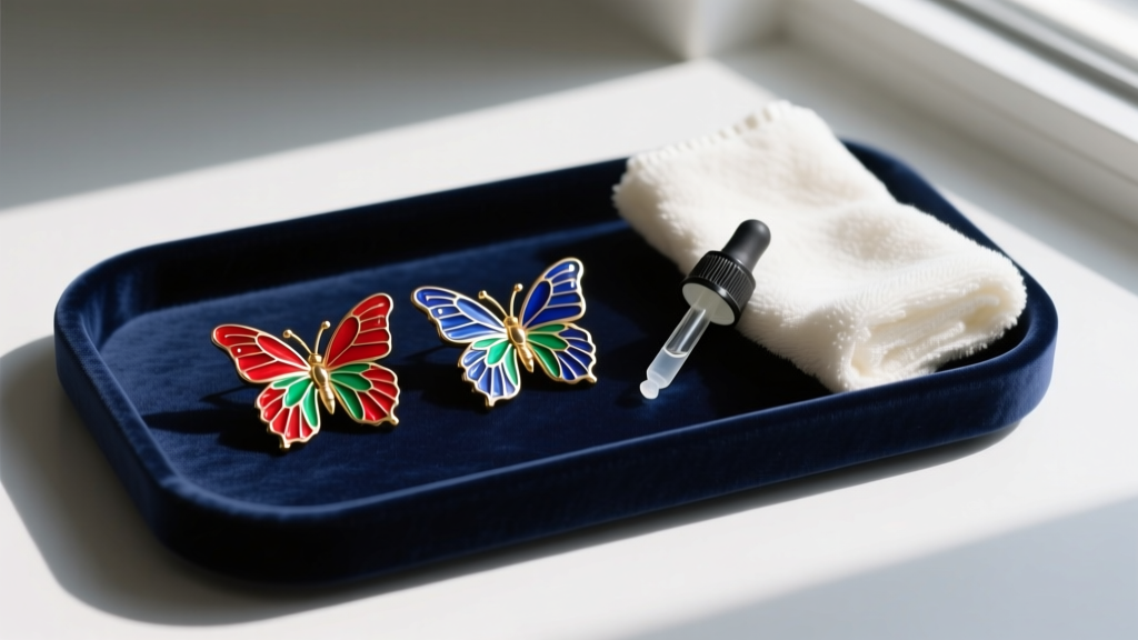 Flat lay of enameled big butterfly earrings on a dark velvet tray next to a soft polishing cloth and mild cleaning solution