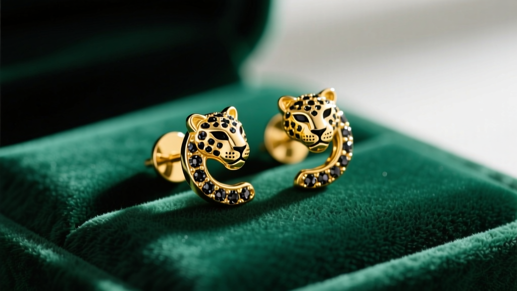 Macro shot of 14k yellow gold panther stud earrings with black diamond pave resting on dark emerald green velvet fabric display.
