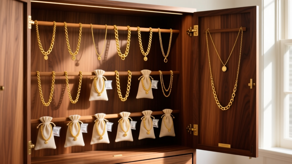 Open cedar jewelry armoire displaying neatly hung gold chain necklaces separated by anti-tarnish cloth pouches and silica packets.