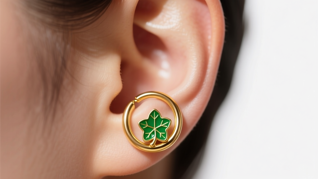 Close-up of an ear wearing a 14k gold huggie earring with a small green enamel ivy leaf charm, lit by warm stadium lights.