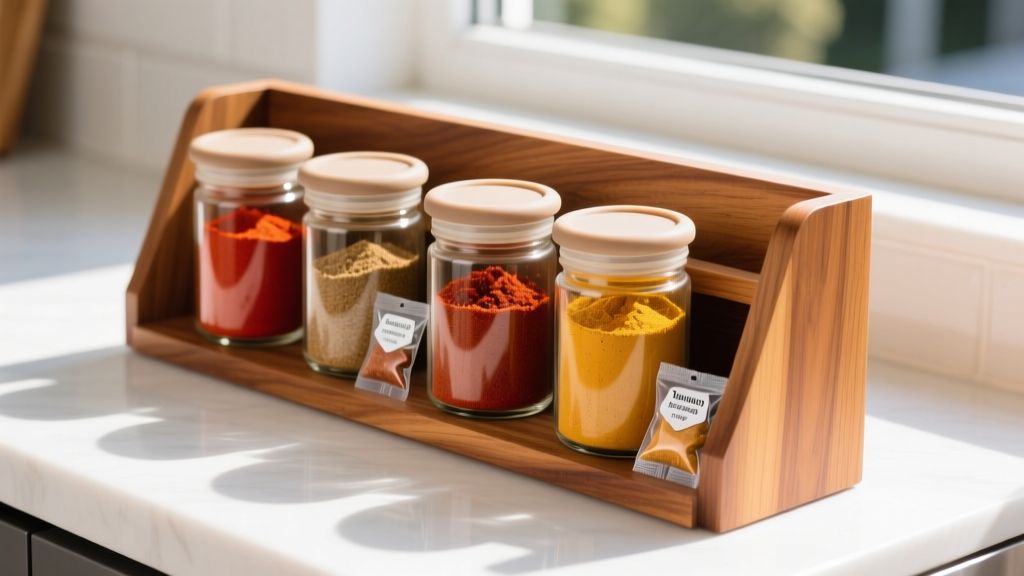 Open teak spice rack on patio counter showing glass jars of BBQ rubs with silicone sealing lids and small silica gel desiccant packets