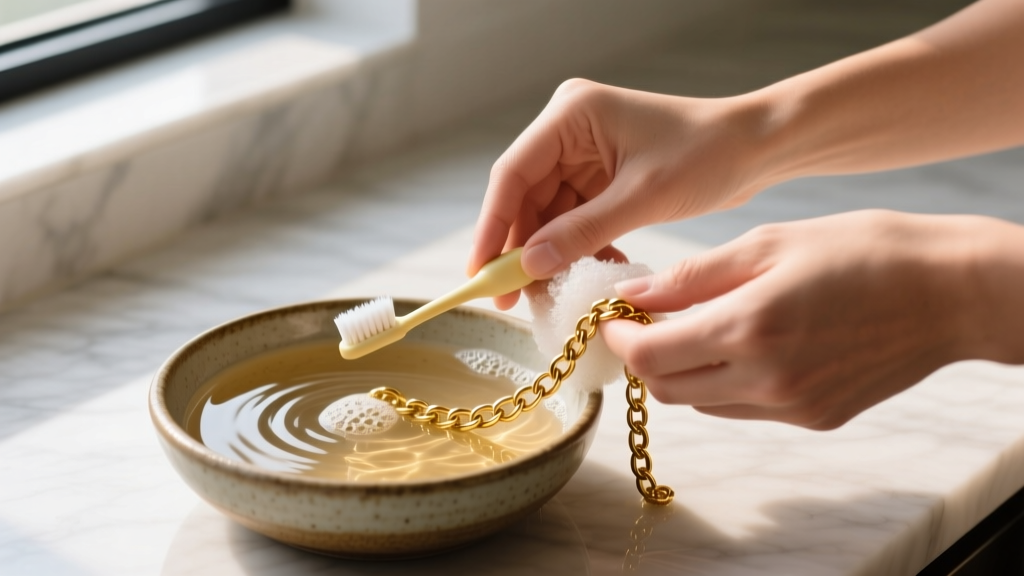 Hands gently scrubbing a welded gold ankle chain with a soft-bristled baby toothbrush in a small ceramic bowl of warm soapy water
