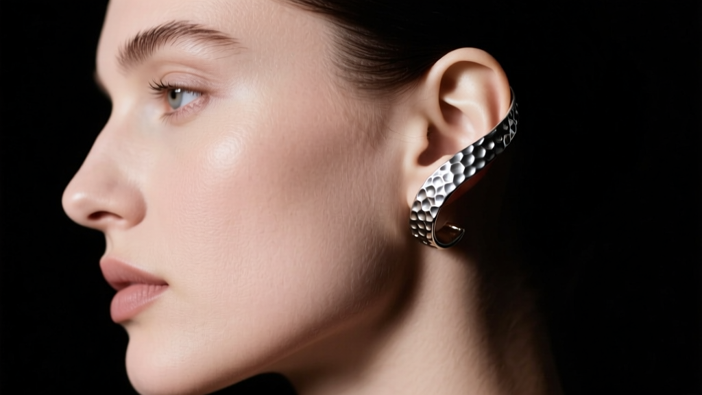 Side profile of a woman wearing a hammered sterling silver ear cuff wrapped around upper helix cartilage in moody studio lighting