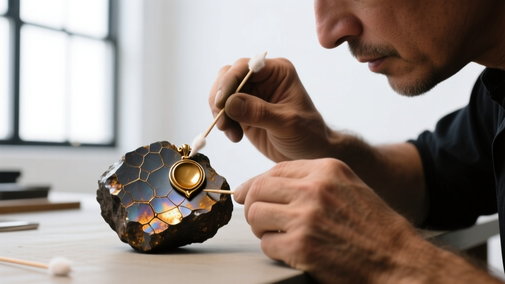 Jeweler applying a micro-thin layer of protective Renaissance wax to a raw Campo del Cielo meteorite pendant with a cotton swab.