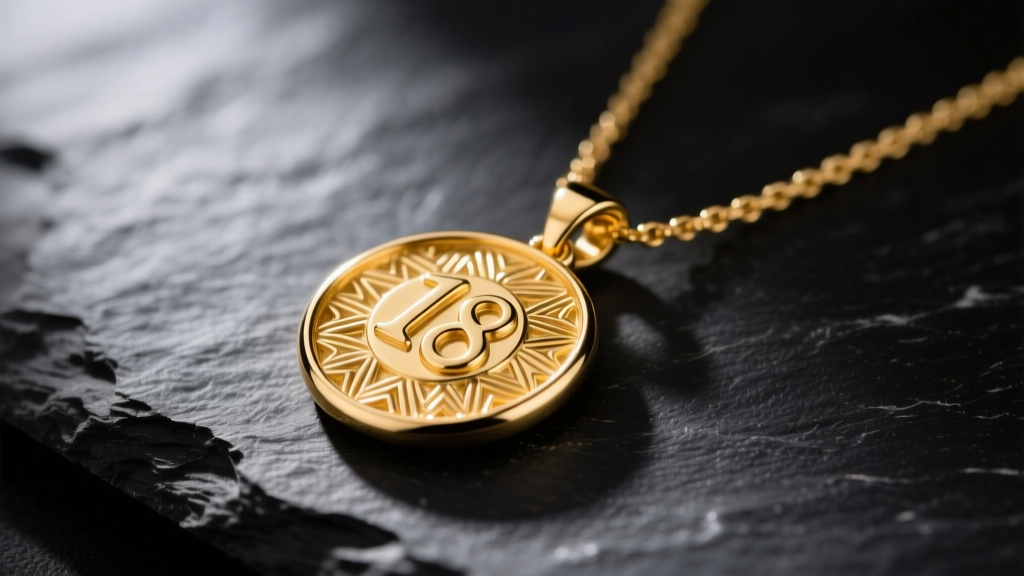 Close-up of 18k gold vermeil pendant necklace on dark slate, illuminated by soft directional lighting to show rich gold texture
