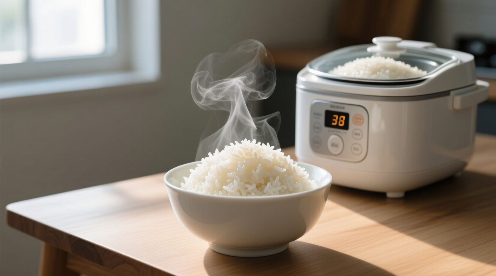 Perfectly cooked jasmine rice in white bowl with rice cooker