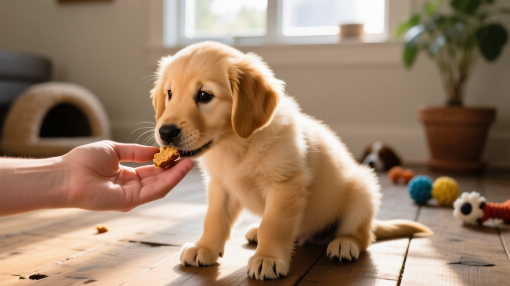 A puppy gently taking a treat from an open palm after waiting patiently