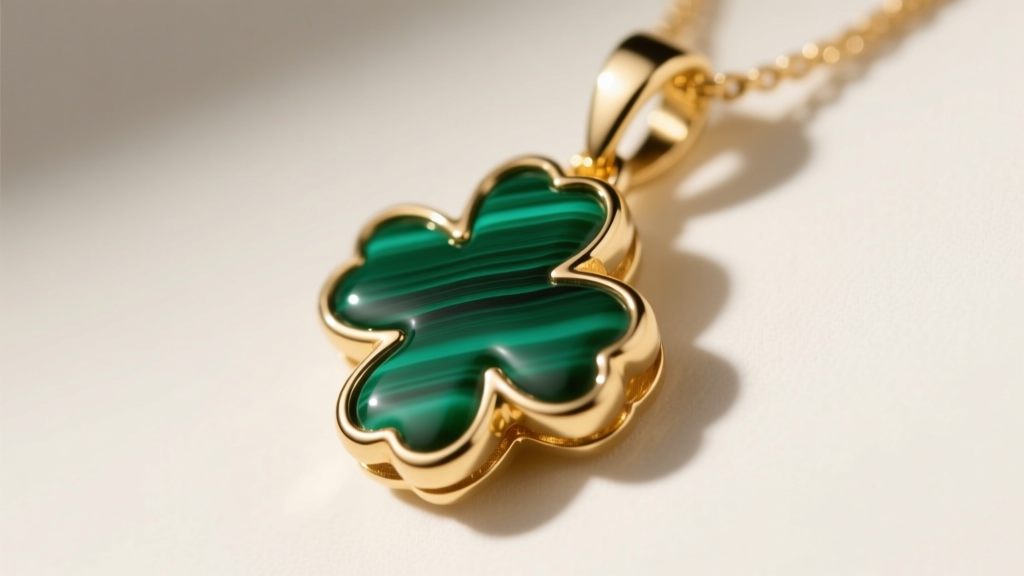 Side profile of an 18k gold clover pendant showing a flush malachite inlay against the bezel edge under bright studio lighting