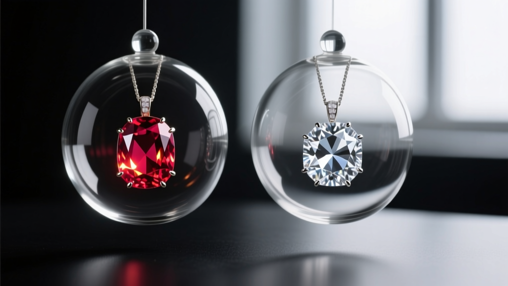 Glass-filled ruby and lab-created ruby pendant viewed under a jeweler's loupe with bright LED studio lighting on a white felt mat
