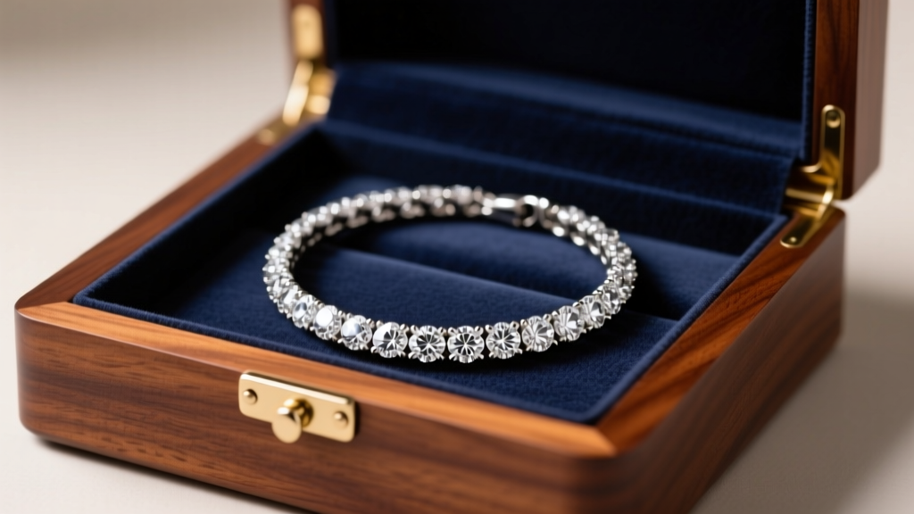 An open mahogany jewelry box lined with anti-tarnish microfiber, holding a coiled luxury diamond tennis necklace with a secure clasp.