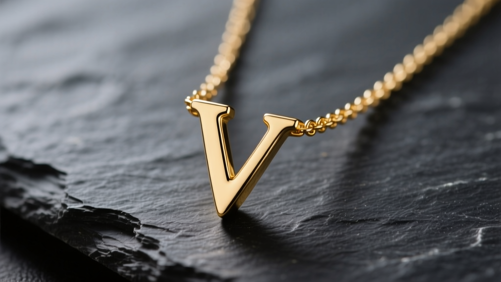 Macro shot of a 14k gold v initial necklace on dark slate, highlighting the sharp vertex and delicate chain in soft lighting