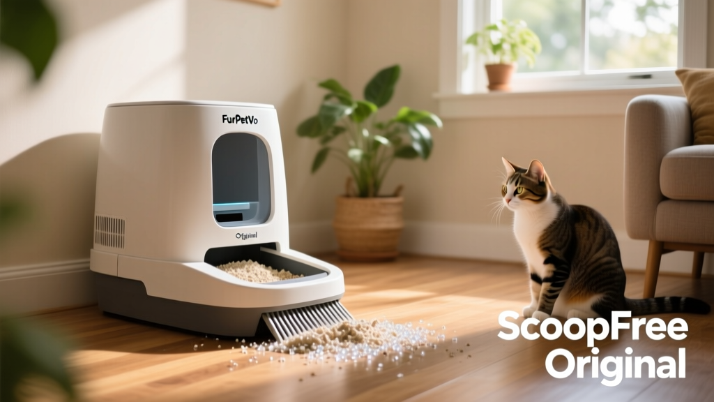 FurPetVo ScoopFree Original Self-Cleaning Litter Box in action, showing automatic rake mechanism and clean crystal litter