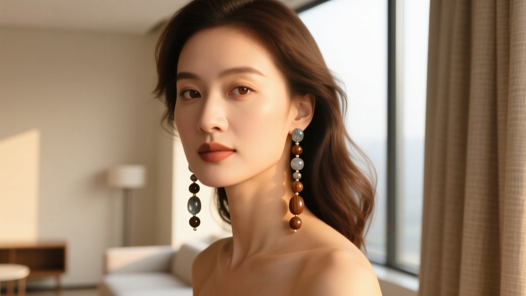 Woman with warm skin wearing long smoky quartz and wood brown beaded earrings, softly illuminated by warm natural window light
