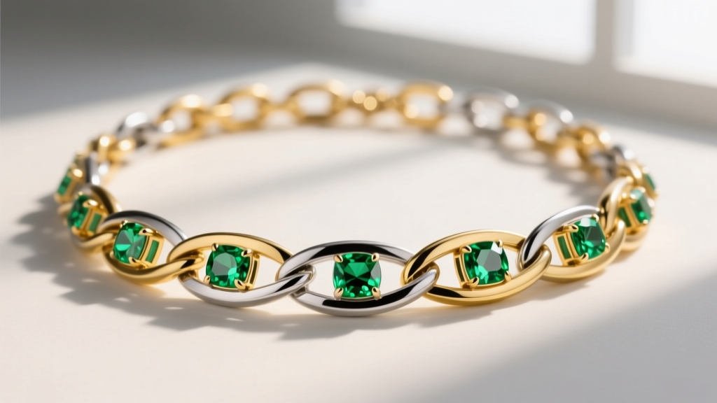 Macro shot of a mixed-metal necklace with alternating 14k yellow gold and oxidized silver links and bezel-set tsavorite garnets