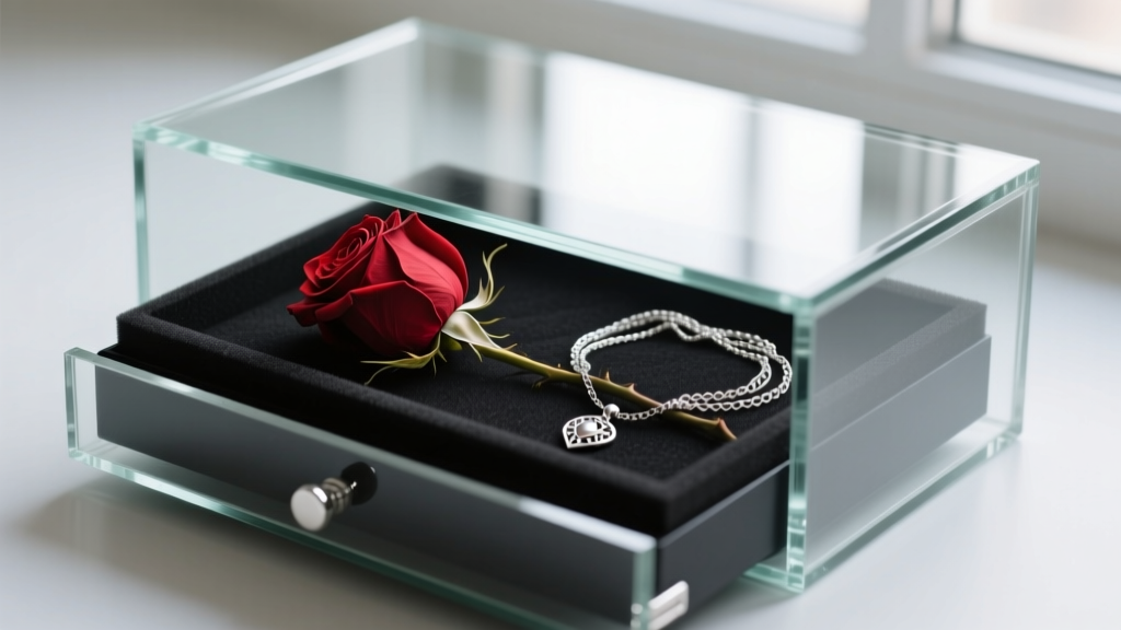 Glass-topped rose box with a hidden drawer pulled out, showing a tangled silver necklace on black foam beside a preserved red rose
