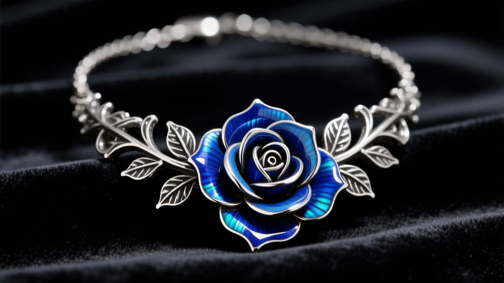 Close-up of an arcane blue rose necklace with deep sapphire enamel petals in oxidized sterling silver resting on black velvet.