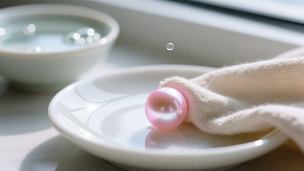 Soft cloth wiping a lustrous pink freshwater pearl, with a bowl of distilled water and mild soap in the softly blurred background