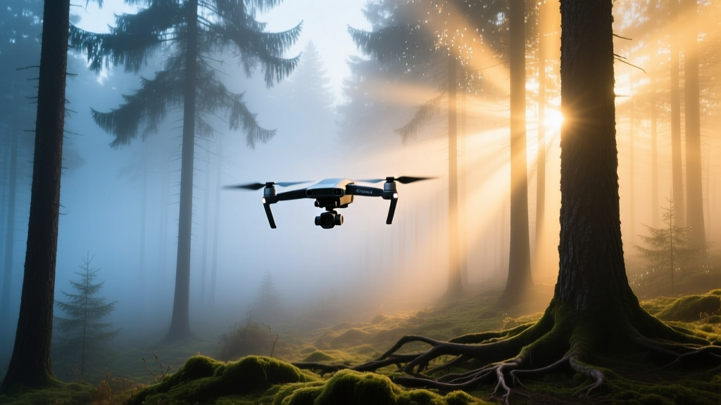 A professional drone hovering over a misty pine forest at dawn, capturing cinematic 4K footage with its gimbal-mounted camera system.