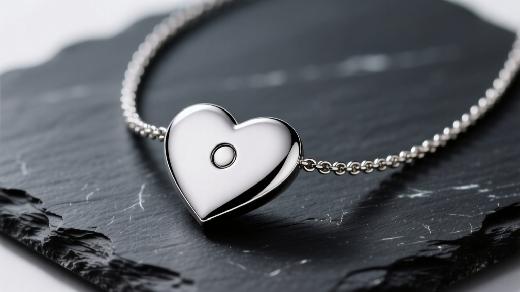 Close-up of a polished stainless steel Movado heart necklace with signature concave dot, resting elegantly on dark slate.