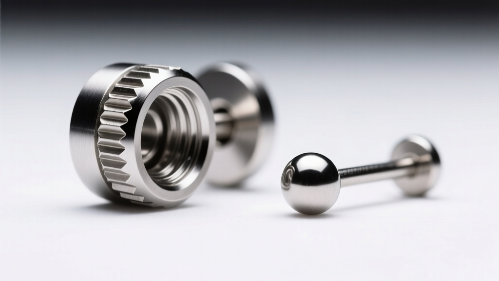Macro photo comparing internally threaded titanium earring posts with smooth threadless push-pin ends under bright studio lighting