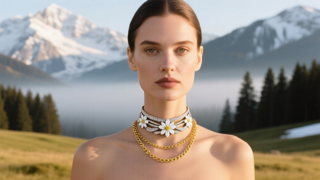 Woman wearing a layered edelweiss choker and gold chain necklace against a blurred alpine backdrop in warm afternoon sunlight.